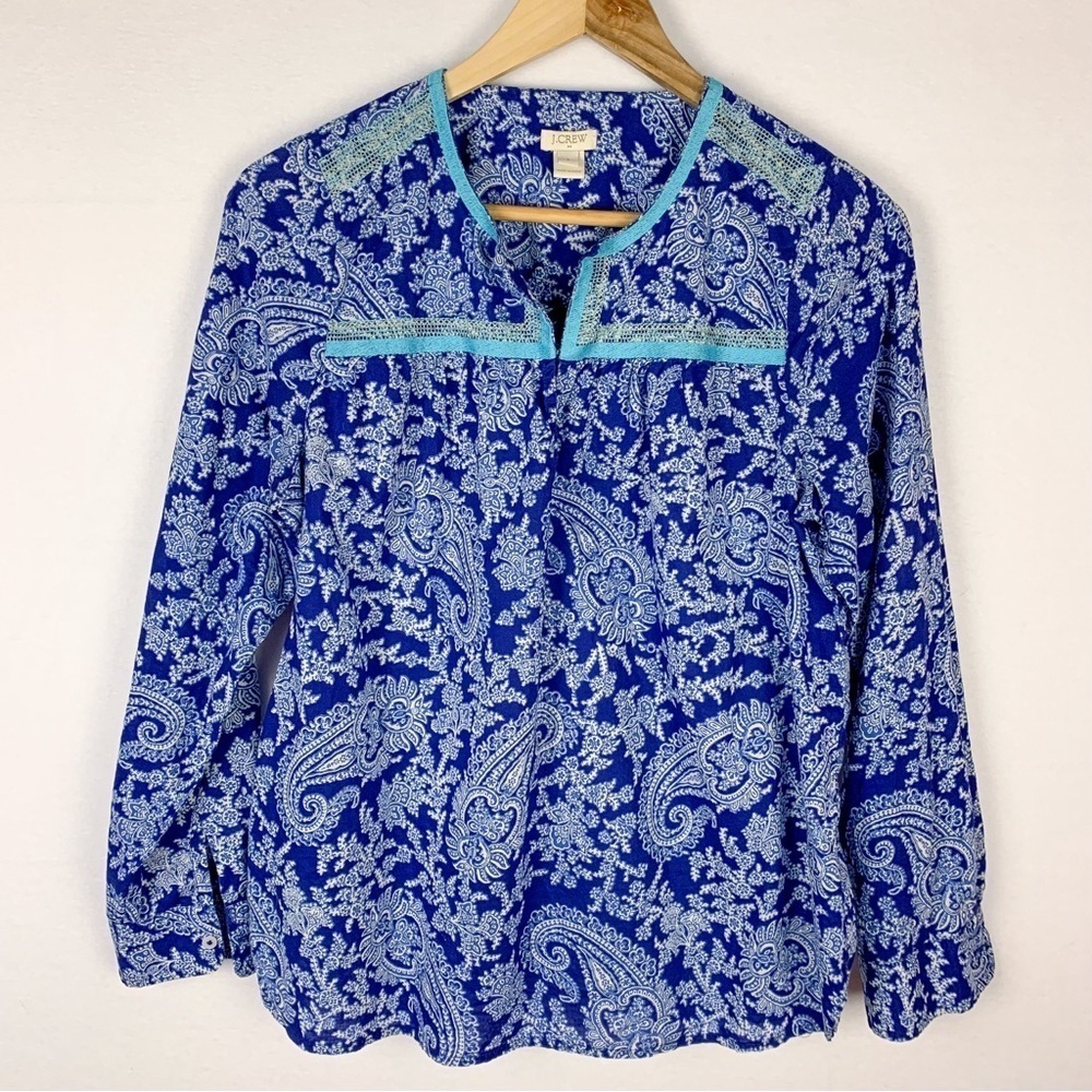 J. Crew Blue Paisley Embroidered Tunic Top Resort Coastal
